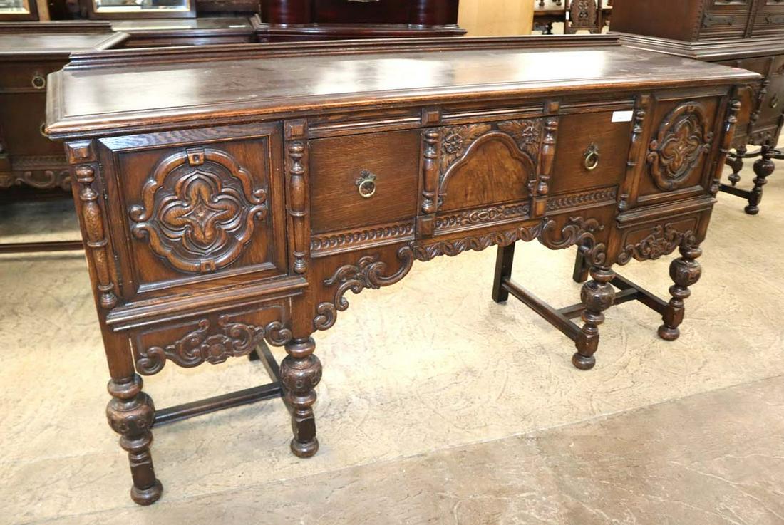 Antique oak/burl walnut highly carved sideboard (1 of 5)