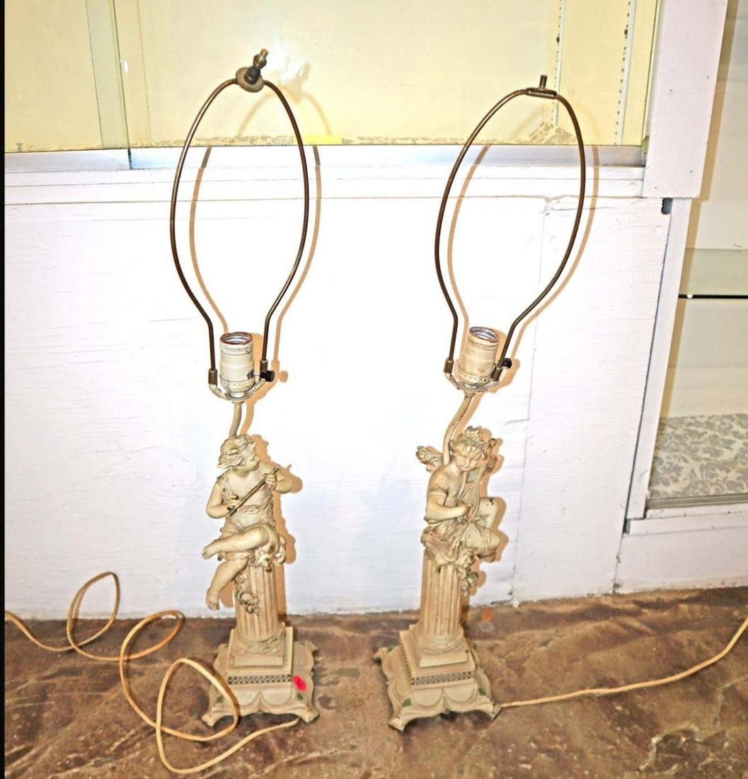 Pair semi antique metal figural lamps: Pair of semi antique metal figural lamps, one harp needs repair approx. 6" w x 6" d x 29" h