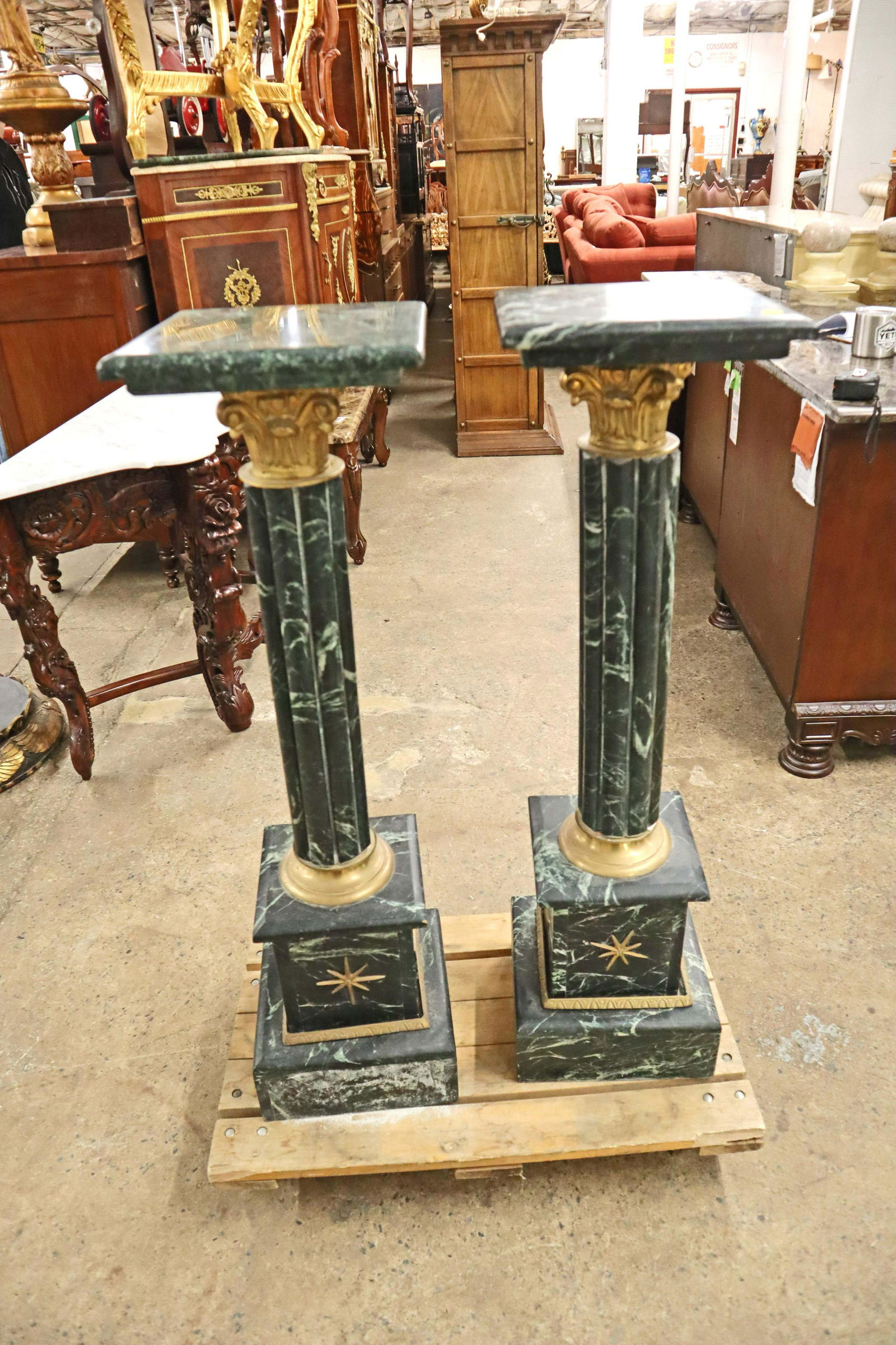 Pair green marble bronze fluted pedestals (1 of 3)