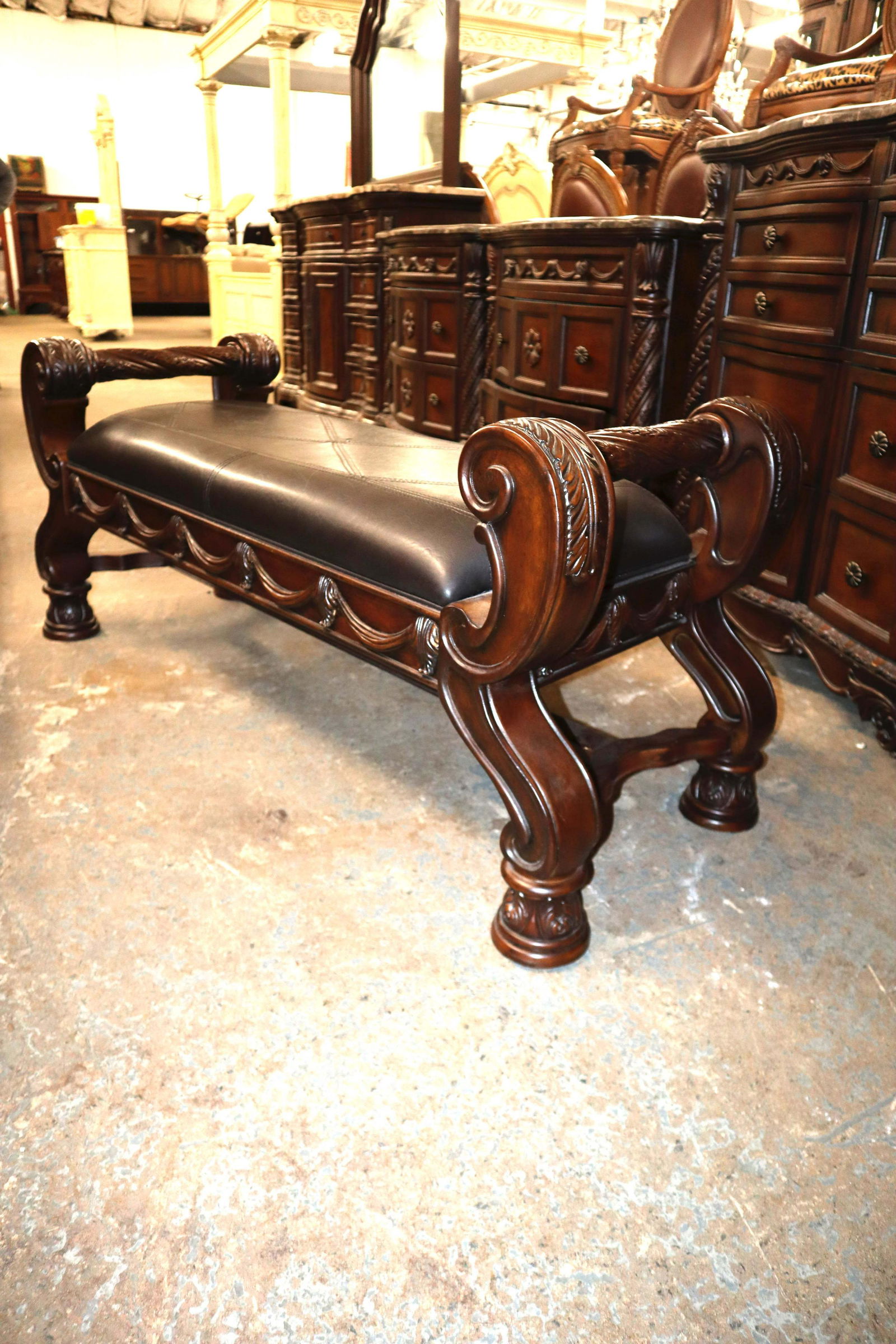 Mahogany carved and fancy leather style bench (1 of 3)