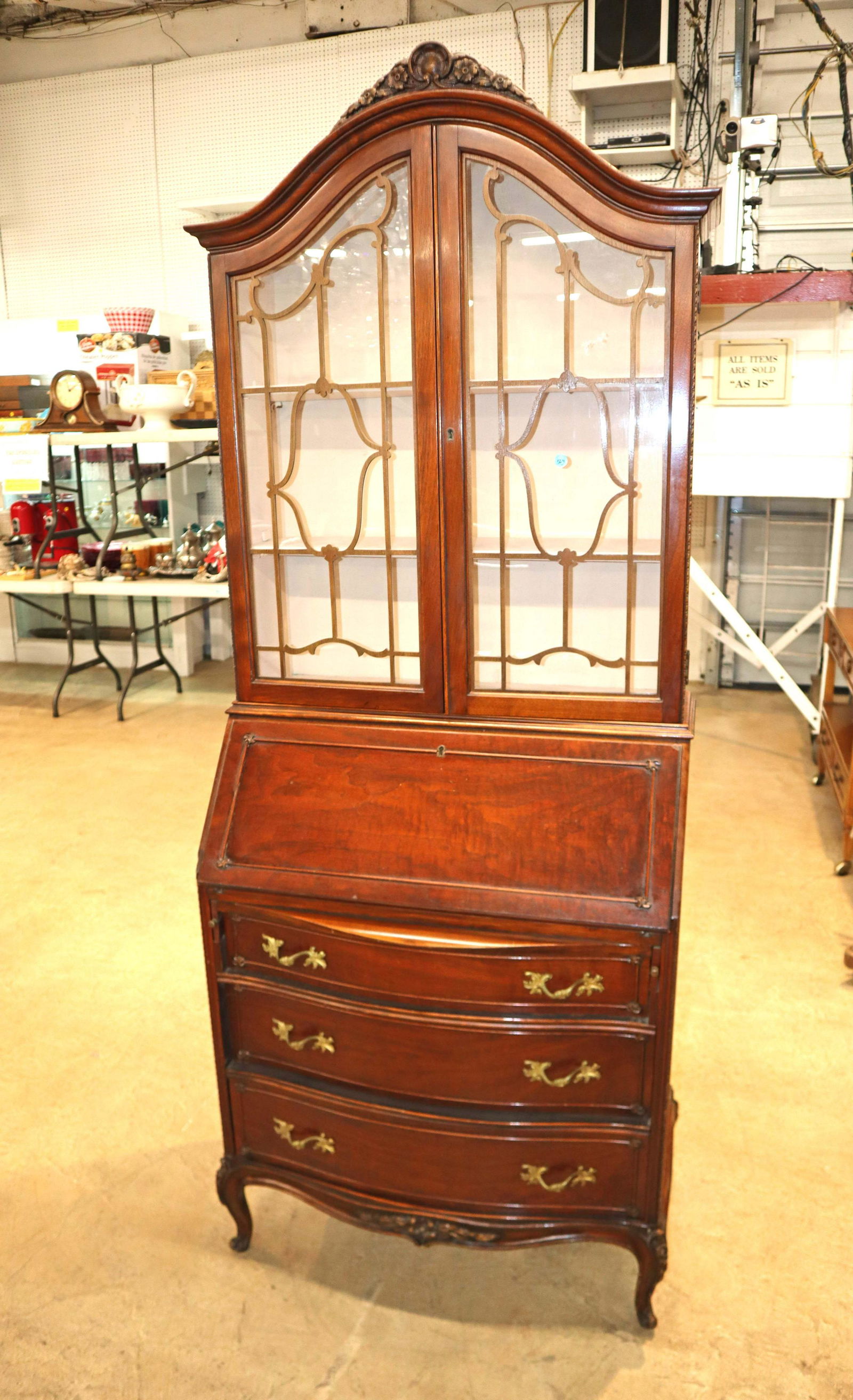 Semi antique carved mahogany secretary desk (1 of 5)