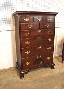 Statton solid mahogany shell carved high chest: Statton solid mahogany shell carved 9 drawer high chest, in like new, no issues condition approx. 43" w x 22" d x 64" h