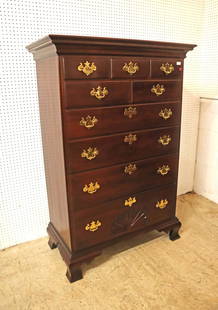 Statton solid mahogany shell carved high chest: Statton solid mahogany shell carved 9 drawer high chest, in like new, no issues condition approx. 43" w x 22" d x 64" h