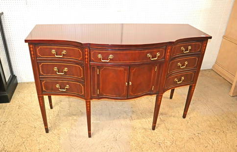 Henkel Harris solid mahogany brandy board: Henkel Harris solid mahogany 5 drawer 2 door brandy board with deep liquor drawers in the bell flower inlay, very nice model approx. 64" w x 24" d x 41" h