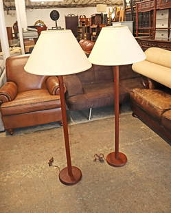 PR MCM Teak pole lamps with shades: Pair of mid century modern teak pole lamps with shades approx. 20" diameter x 55" h