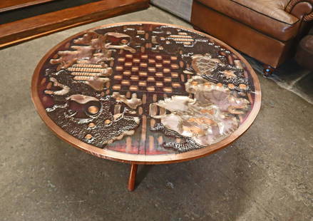 Awesome MCM copper top coffee table: Awesome mid century modern hand tooled copper top table with fish and turtle decoration on Danish rosewood base, with a custom glass top approx. 43" diameter x 17" h