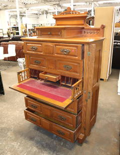 Awesome antique Victorian oak lock side chest: Awesome antique Victorian oak lock side high chest, with birds eye maple secondary woods and a nice gallery top approx. 40" w x 19" d x 67" h