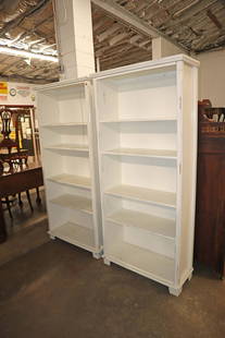 PR shabby chic style 6 shelf bookcases: Pair of shabby chic style 6 shelf bookcases approx. 35" w x 14" d x 76" h