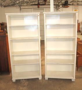 PR shabby chic style 6 shelf bookcases: Pair of shabby chic style 6 shelf bookcases approx. 35" w x 14" d x 76" h