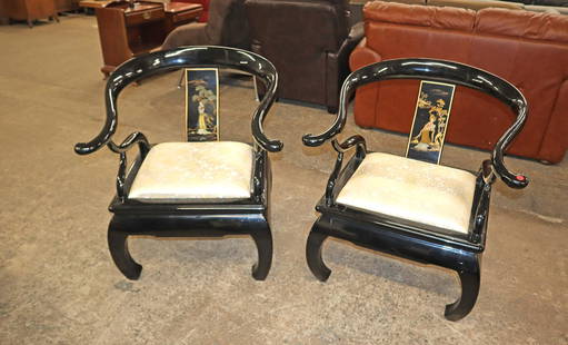 PR black lacquer Asian decorated arm chairs: Pair of black lacquer Asian decorated arm chairs approx. 30" w x 26" d x 32" h seat height 18" h