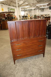 MCM walnut fitted interior high chest: Mid century modern walnut fitted interior 2 door 3 drawer high chest sold by Genova Furniture of Brooklyn NY approx. 42" w x 20" d x 51" h