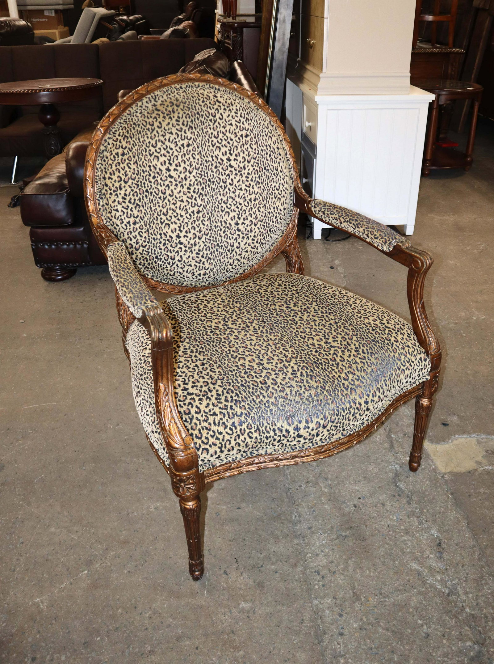 Cheetah print upholstery balloon back deco chair: Cheetah print upholstery balloon back decorator chair approx. 30" w x 27" d x 40" h
