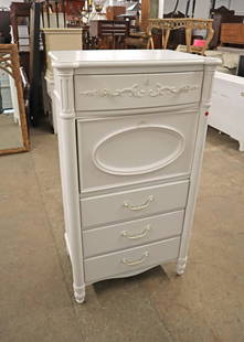 Stanley white shabby chic style fall front chest: Stanley Young America Collection white shabby chic style fall front 4 drawer high chest, top has spotting approx. 30" w x 20" d x 54" h