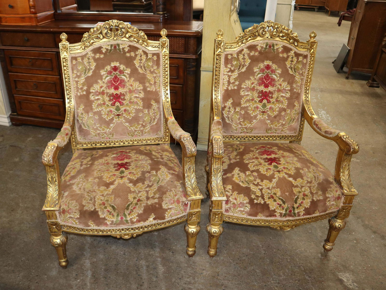 PR French gold gilt frame upholstered arm chairs (1 of 5)