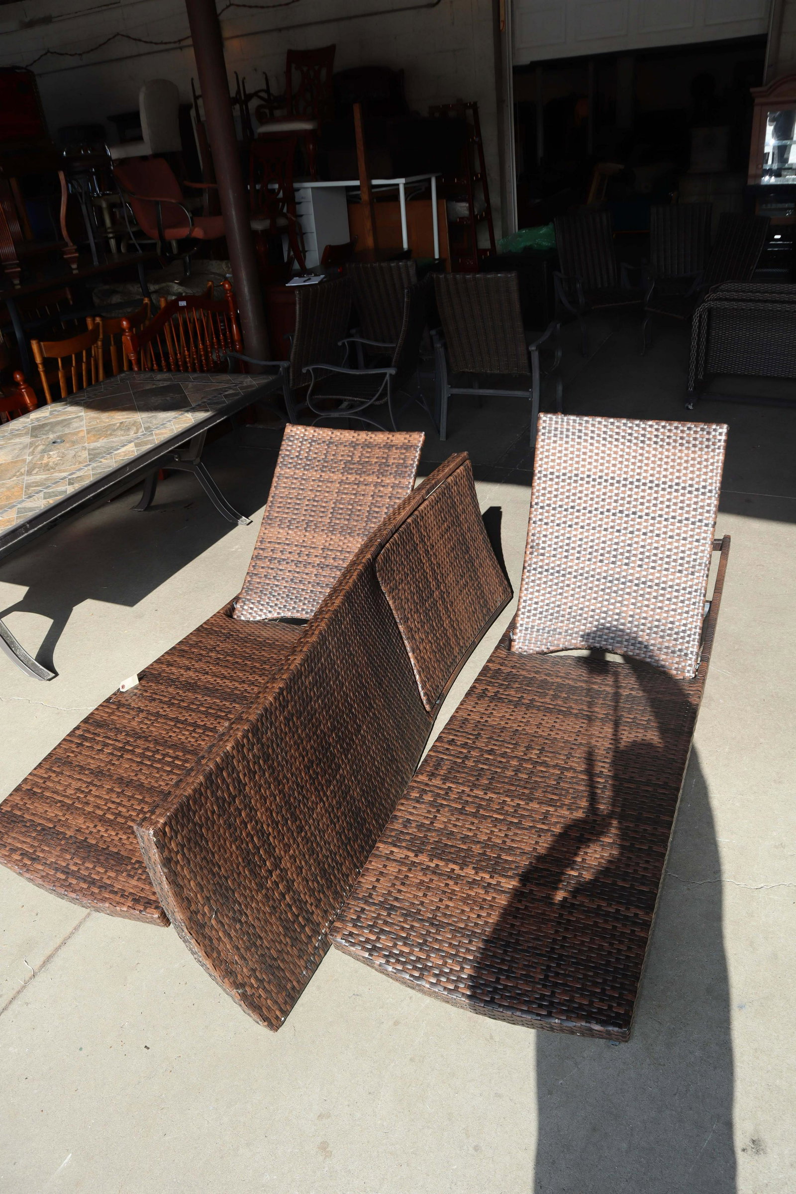 Set of 3 brown resin wicker pool side lounge chairs for patio, deck, pool (1 of 4)