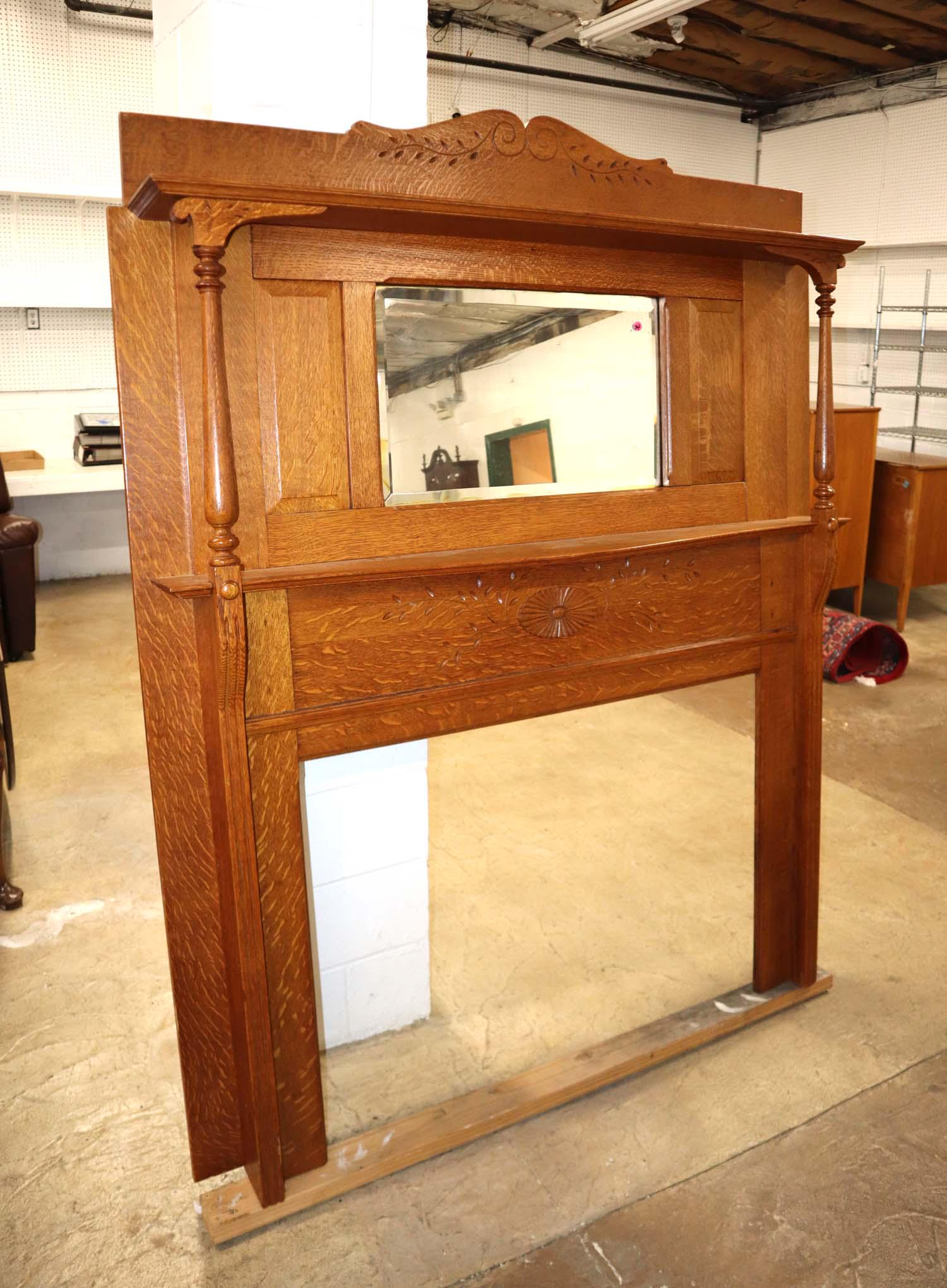 Antique quartersawn oak fireplace mantle with original bevel glass mirror (1 of 6)