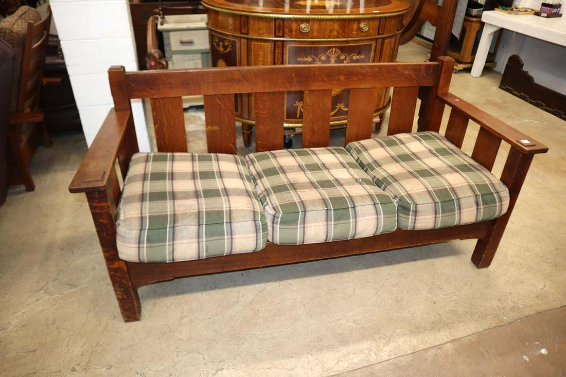 Antique mission oak frame sofa with upholstered cushions in the manner of Stickley Furniture (1 of 5)