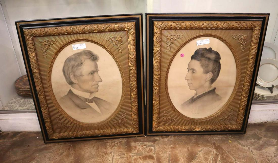 PR antique portrait sketches in frame: Pair of antique portrait sketches in frame, frame has chips approx. 24" w x 29" h