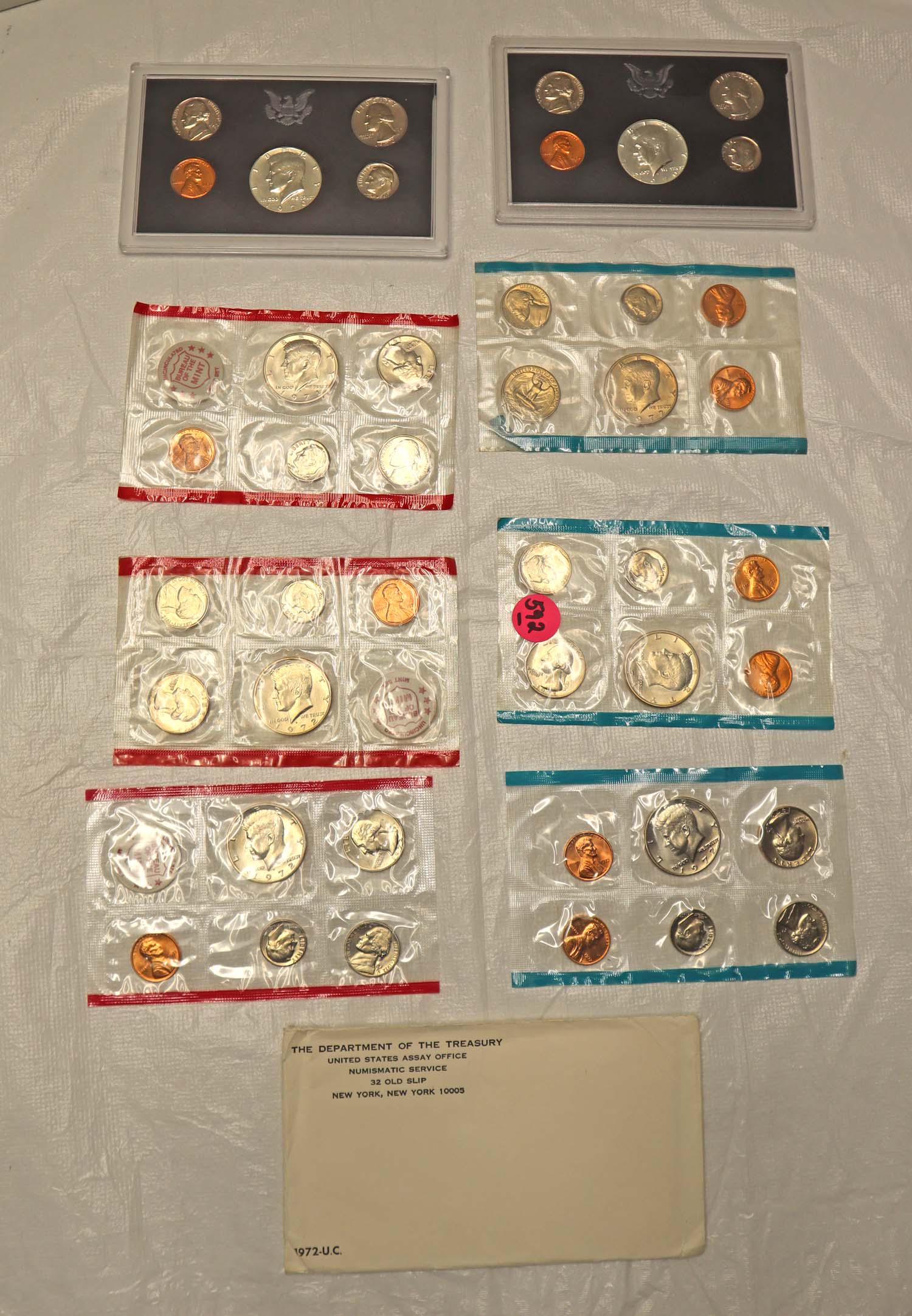 2 1970 proof sets, 6 uncirculated proof sets: 2 1970 US Proof Sets and 2 1971 uncirculated proof sets and 4 1972 uncirculated proof sets