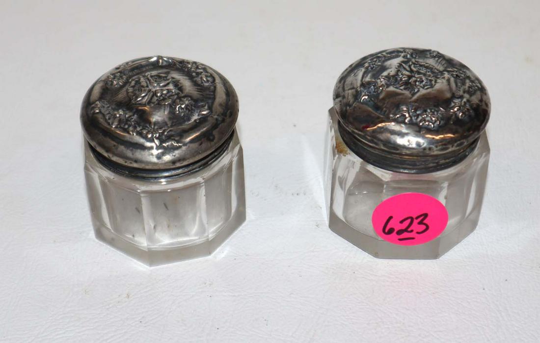 Antique Victorian Salt/Pepper w/silver lids: Antique Victorian Salt/Pepper w/silver lids