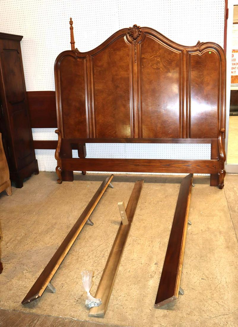 Henredon burl walnut/oak king size bed with rails: Beautiful Henredon burl walnut and oak king size bed with rails and hardware approx. 82" w x 86" d x 76" h
