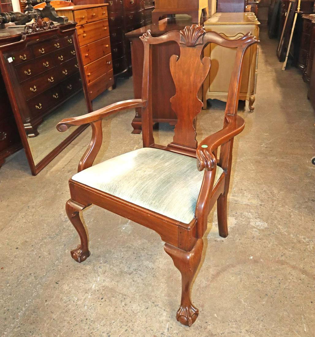 Henkel Harris solid mahogany arm chair: Henkel Harris solid mahogany ball and claw feet arm chair, has some wear on upholstery and 1 arm approx. 29" w x 20" d x 40" h seat height 19"