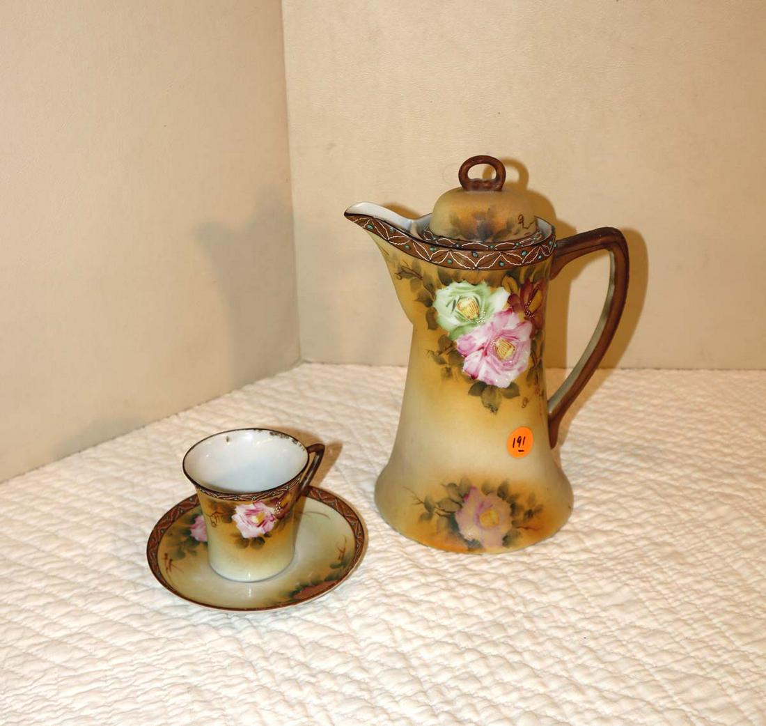 3pc hand painted Nippon tea pot, cup, saucer (1 of 3)