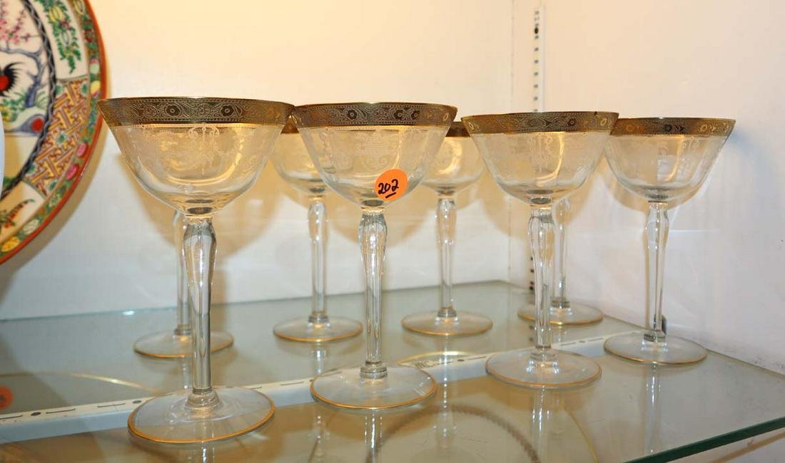 Set of 8 antique gold trim stem glasses (1 of 3)
