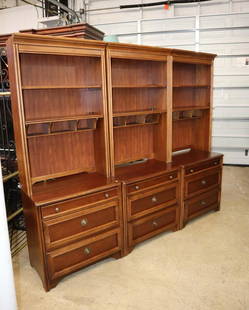 6pc 3 drawer cherry finish chest with hutch tops: 6pc 3 drawer cherry finish chest with hutch tops by Stanley, Young America Collection, rub marks on fronts of chests approx. each unit 30" w x 27" d x 78" h