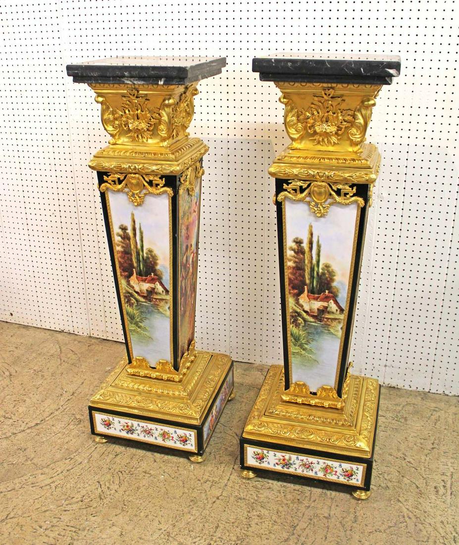 Awesome pair of Sevre style porcelain, bronze wrapped marble top pedestals in very good condition (1 of 6)