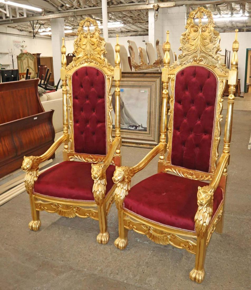 Fantastic pair of lion head carved throne chairs in the red upholstery with gold frame (1 of 6)