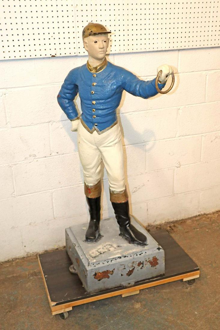 Antique painted cast iron lawn jockey in the manner of JW Fiske approx. 17" w x 17" d x 48" h (1 of 4)