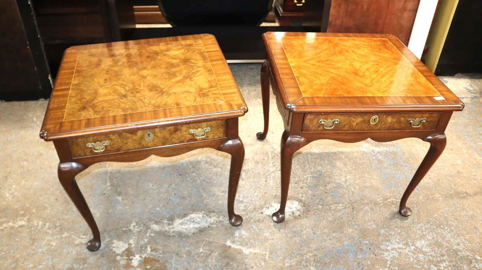 Pair of Kittinger banded burl walnut tops 1 drawer lamp tables approx. 27" w x 27" d x 25" h: Pair of Kittinger banded burl walnut tops 1 drawer lamp tables approx. 27" w x 27" d x 25" h