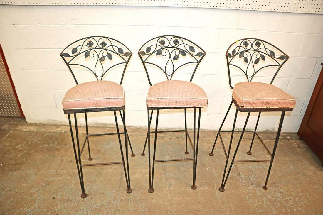 Set of 3 iron with flower and leaf decoration barstools with upholstery seating (1 of 4)