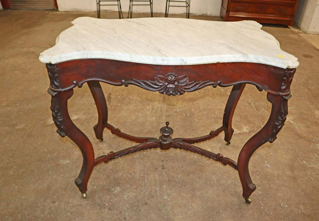 Antique carved rosewood marble top Victorian table in original finish approx. 37" w x 21" d x 31" h (1 of 3)