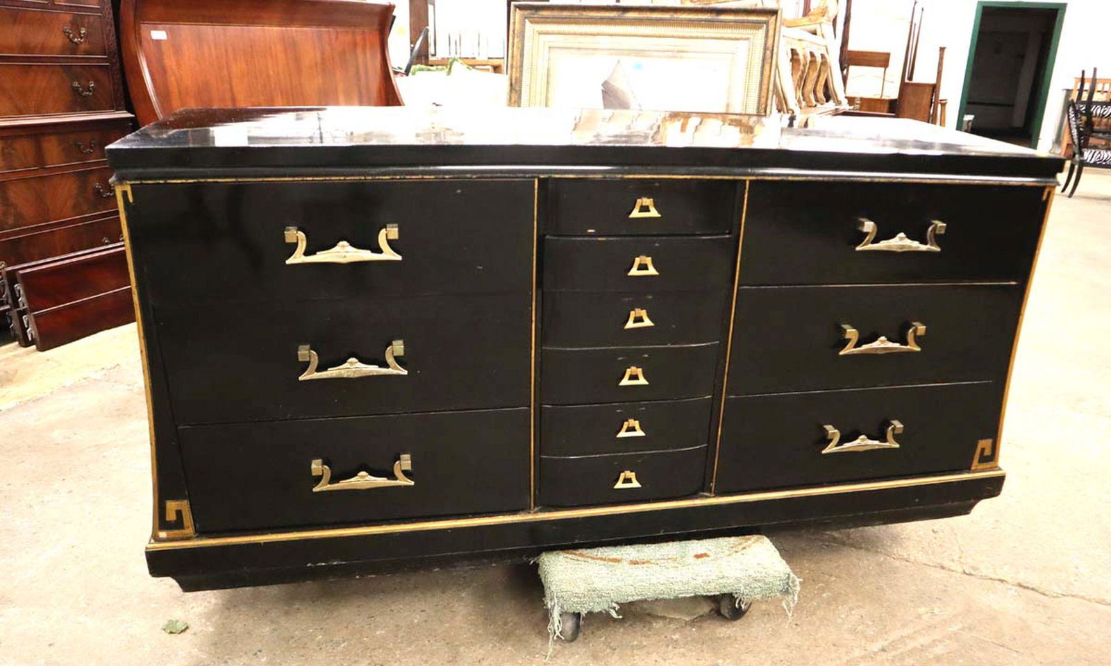 Vintage Asian inspired black lacquer finish 12 drawer low chest approx. 64" w x 22" d x 31" h (1 of 4)