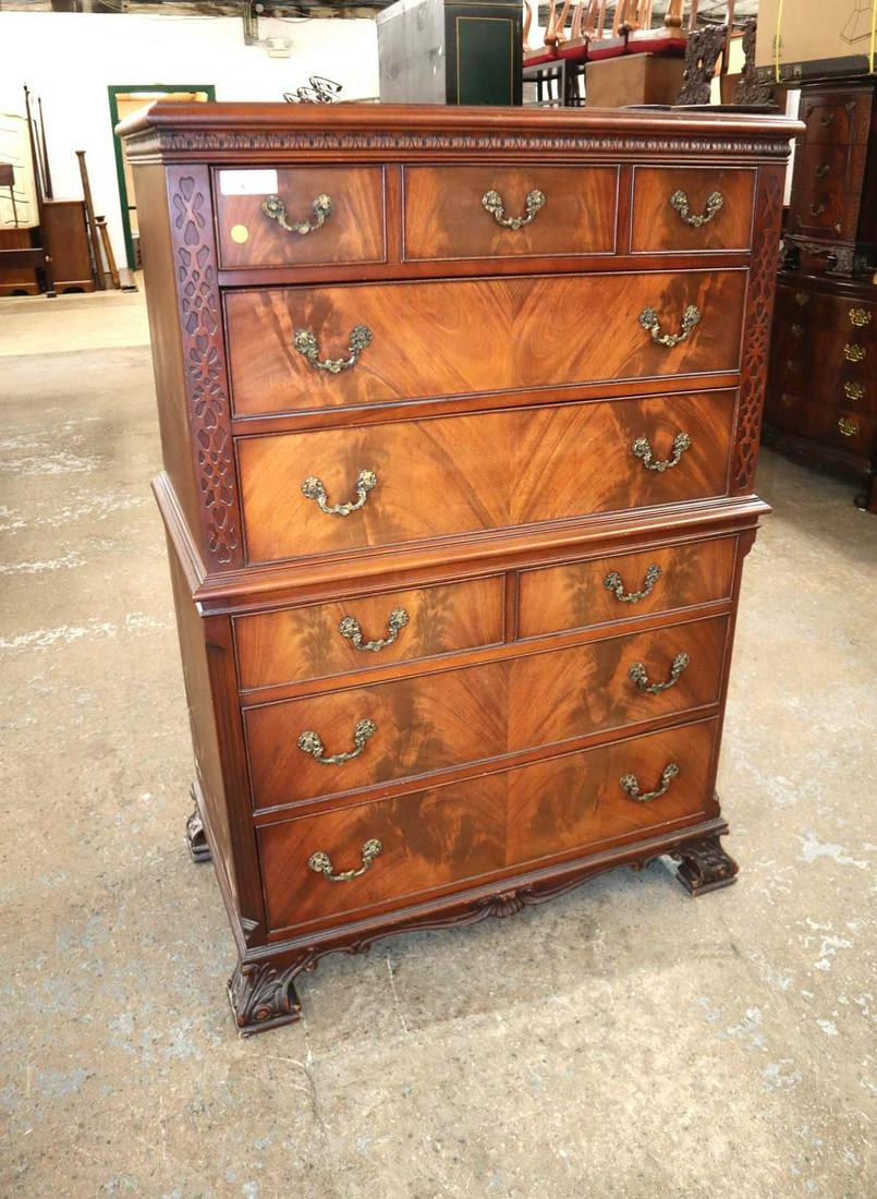 Vintage burl mahogany 9 drawer Chippendale style high chest approx. 27" w x 21" d x 55" h (1 of 5)