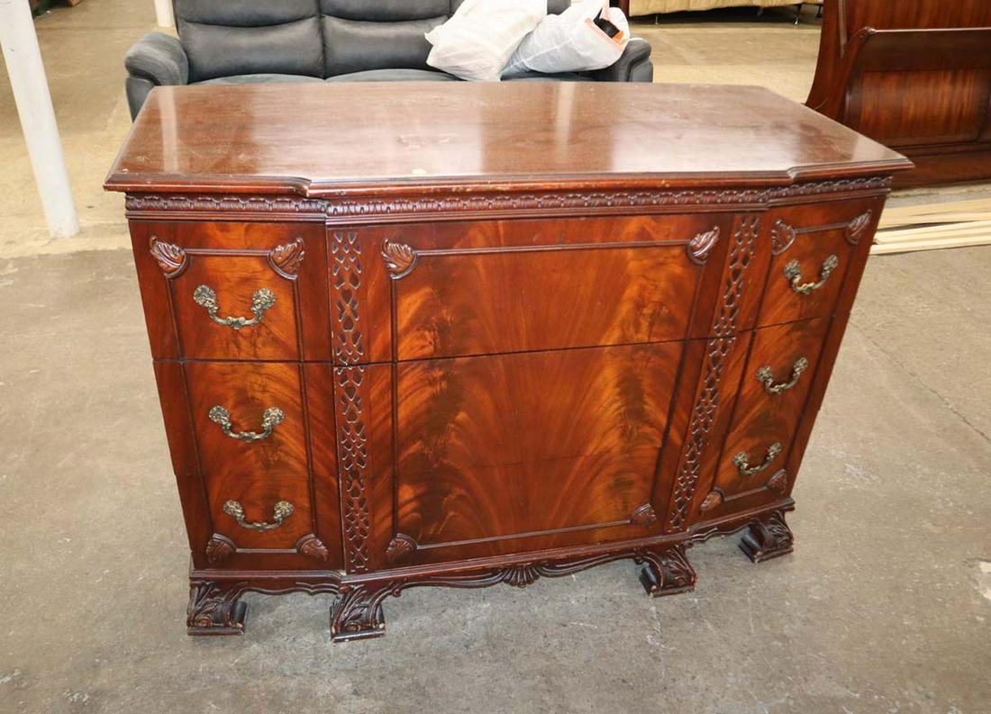 Vintage burl mahogany Chippendale style 3 drawer low chest approx. 50" w x 22" d x 35" h (1 of 4)