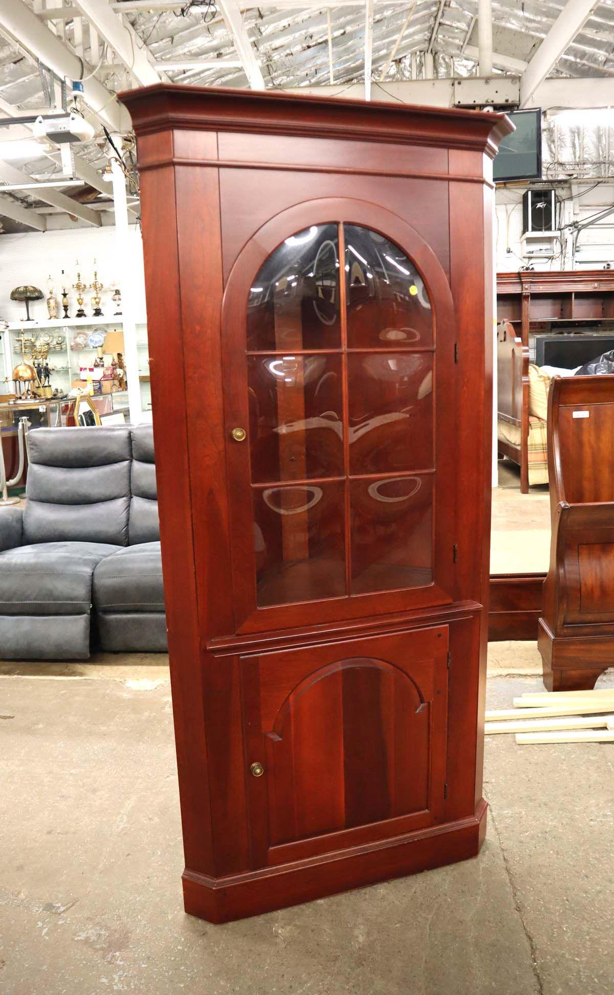 Vintage solid cherry bubble glass arched door corner cabinet approx. 36" w x 21" d x 75" h (1 of 4)