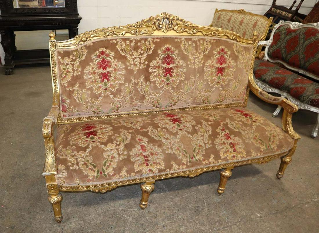 French style carved gold gilt frame upholstered sofa, some wear to upholstery (1 of 7)