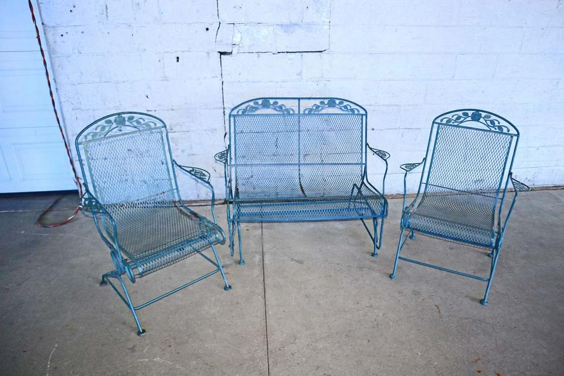 Vintage 3pc iron and wire patio furniture including 2 rocking chairs and rocking bench (1 of 5)