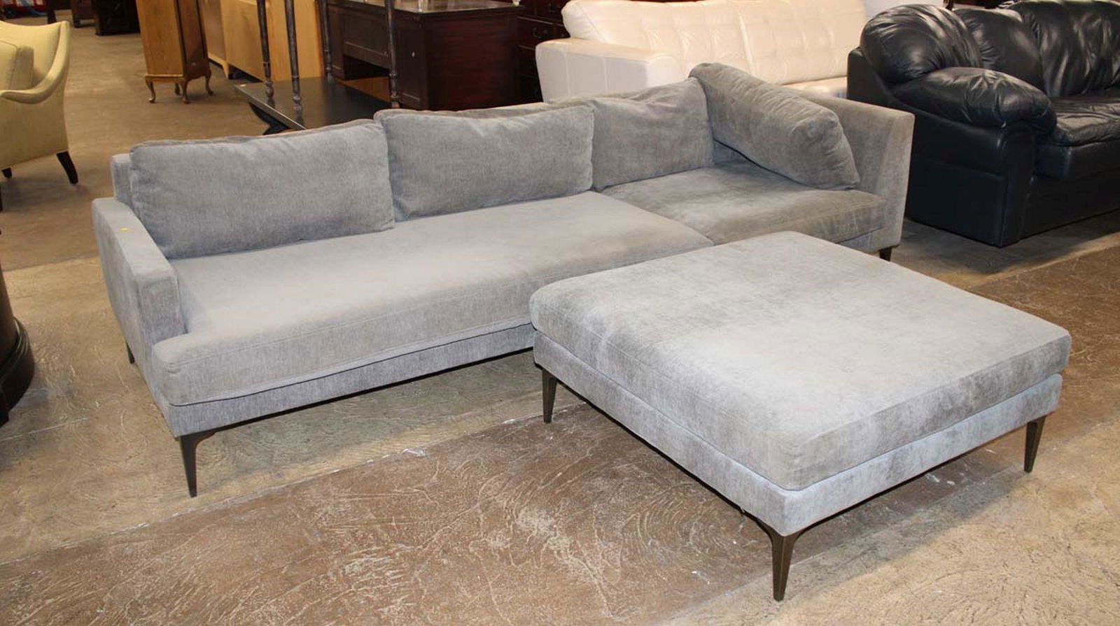 3pc West Elm upholstered sofa with ottoman, needs to be cleaned approx. Sofa: 108" w x 42" d x 28" h (1 of 5)