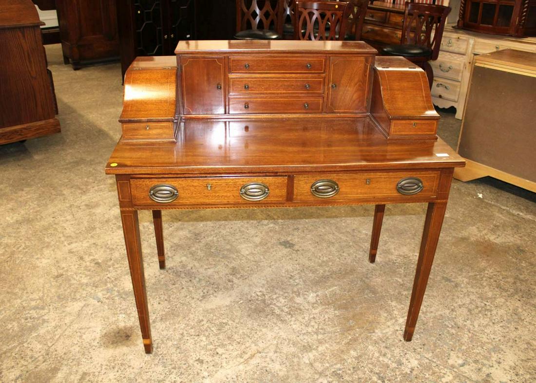 Vintage Biggs French style mahogany 2 drawer Carlton style desk: Vintage Biggs French style mahogany 2 drawer Carlton style desk with 3 drawer 2 door top and 2 flip top storage sides approx. 42" w x 24" d x 20" h