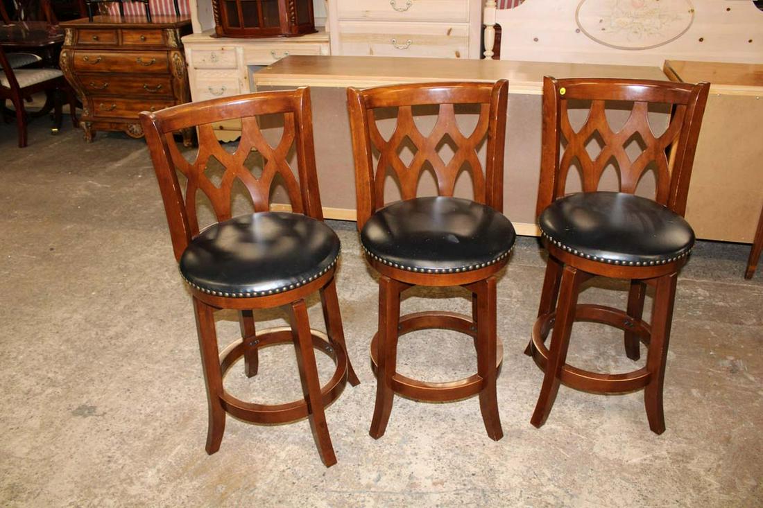Set of 3 mahogany frame leather style seat with industrial tacking swivel barstools, does not wobble (1 of 4)