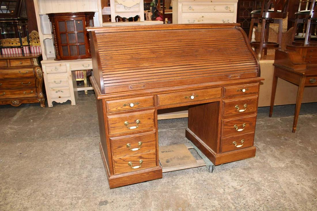 Oak S roll top desk with fitted drawers, lock has been removed approx. 54" w x 26" d x 47" h (1 of 5)