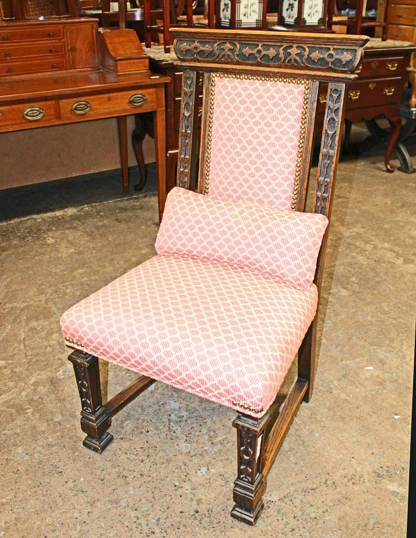Antique oak frame tacked upholstered chair approx. 21" w x 20" d x 41" h seat height 19" (1 of 4)