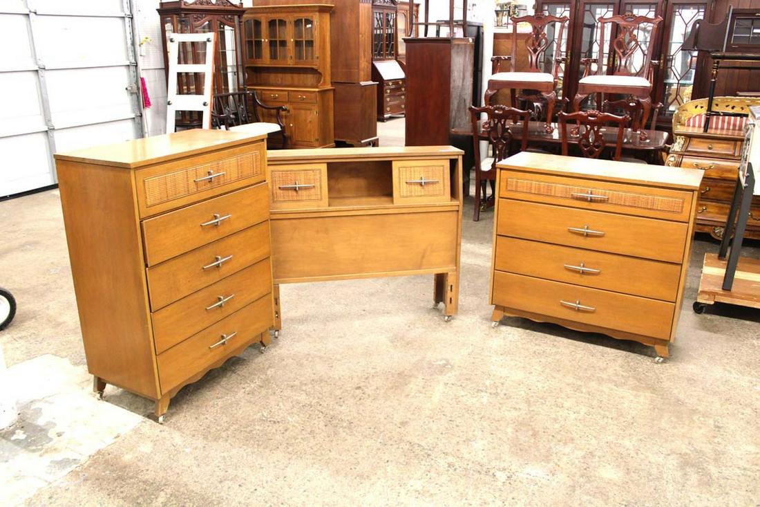 3pc Thomas Edison Industries maple bedroom set including high chest, low chest and twin size bed (1 of 7)