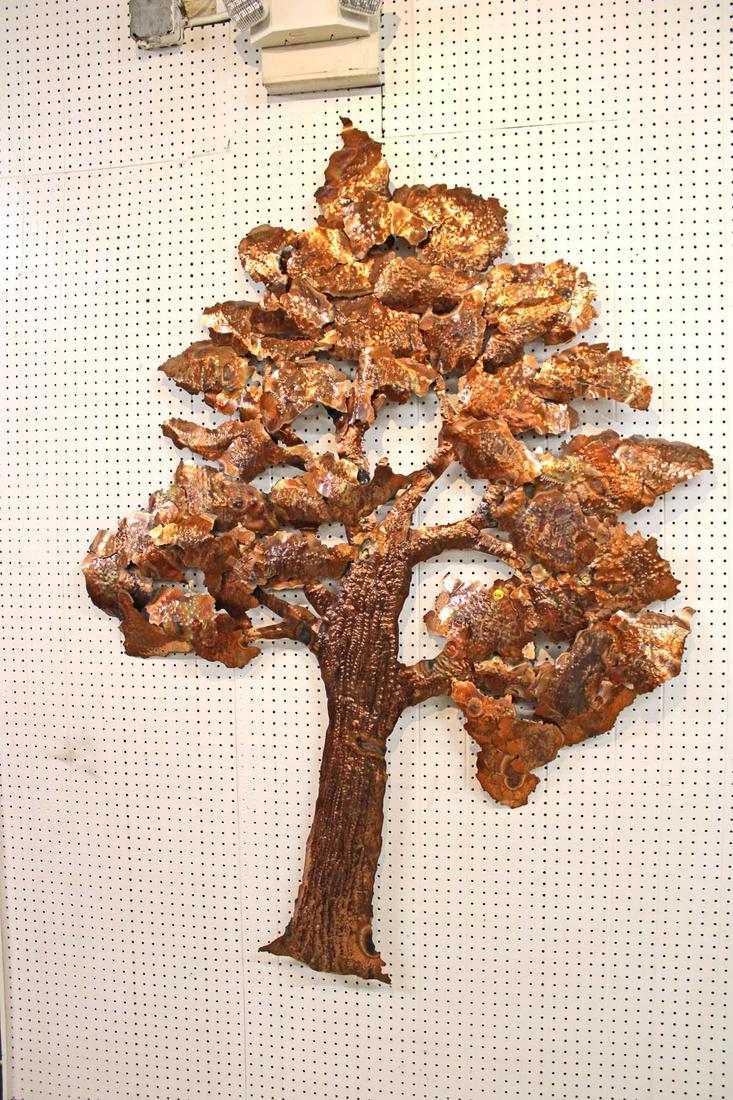 Signed modern copper tone metal hanging tree wall art approx. 51" w x 74" h (1 of 3)