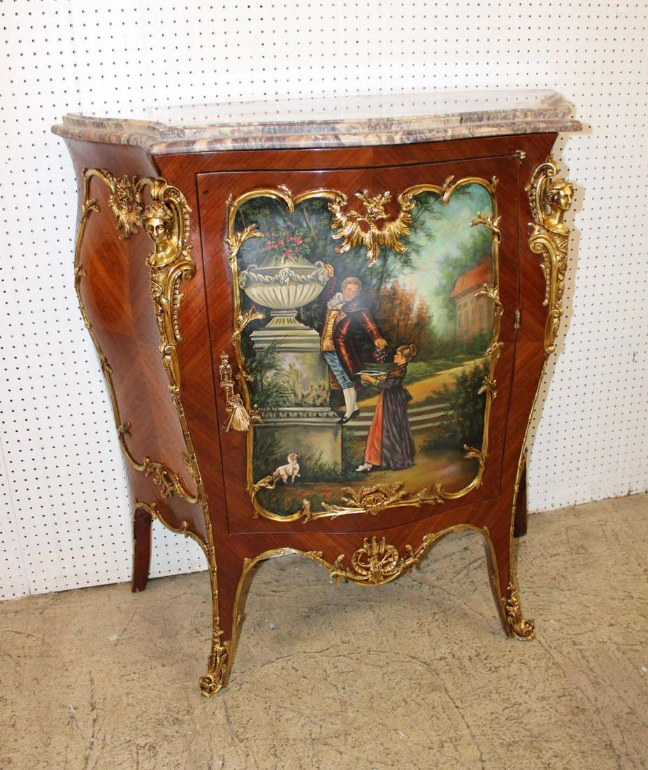 King Louis XVI style French walnut marble top 1 door parlor cabinet with heavy applied bronze: King Louis XVI style French walnut marble top 1 door parlor cabinet with heavy applied bronze and key approx. 44" w x 20" d x 46" h