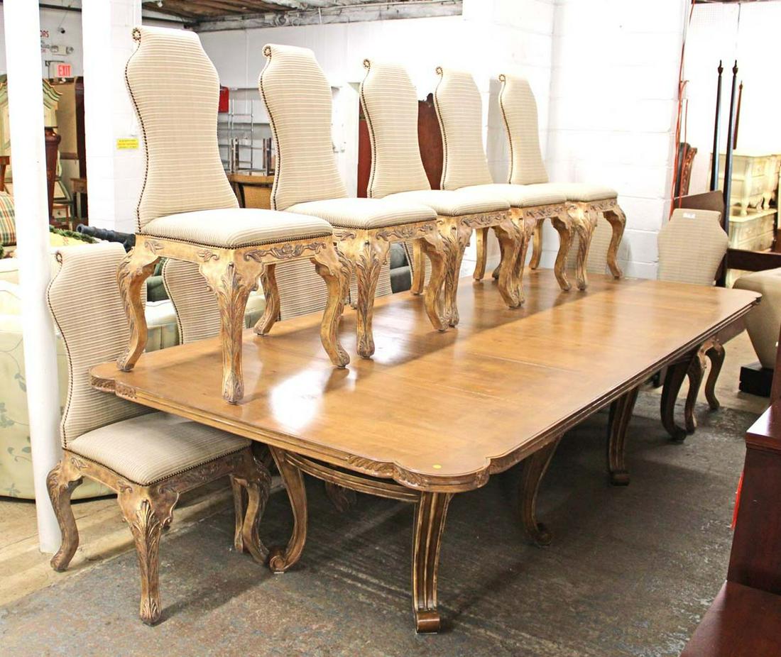 13pc fancy custom made dining room table with 12 high back upholstered French style chairs (1 of 9)